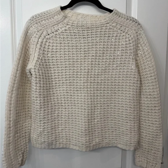 Lafayette 148 New York Cashmere Cream Waffle-Textured Crew Sweater with Sequins - Picture 1 of 5